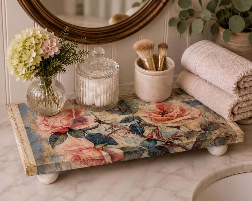 Shabby Chic Wood Riser, Vintage Rose & Sheet Music (12"x5.5")